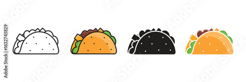 Delicious Taco Icons: Four Variations – Line Art, Filled, and Color Options for Vector.
