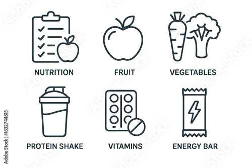 Icons of nutrition: fruit, vegetables, protein shake, vitamins, energy bar checklist