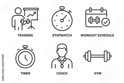 Icons of gym training with coach, stopwatch, and workout schedule