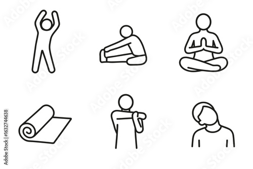 Line art icons of yoga poses and exercise equipment for wellness