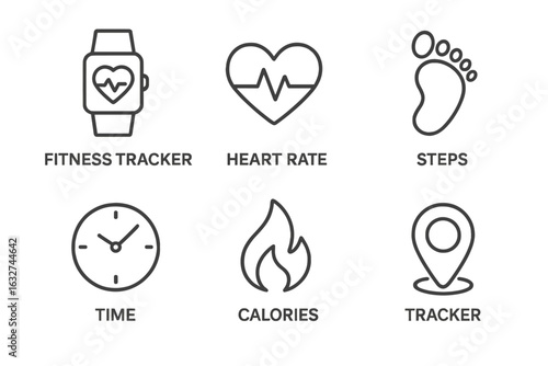 Icon set representing fitness tracker, heart rate, steps, time, calories, and location
