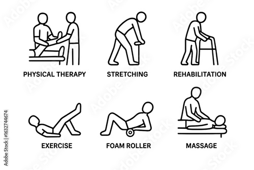 Icons illustrating physical therapy and exercise techniques