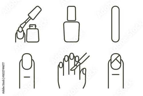 Minimalist nail care icons featuring polish and manicure tools