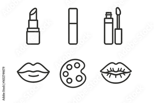 Outline icons of lipstick, lip gloss, lips, and color palette