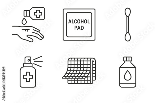 Medical icons: hand sanitizer, alcohol pad, cotton swab, spray bottle, gauze, medicine