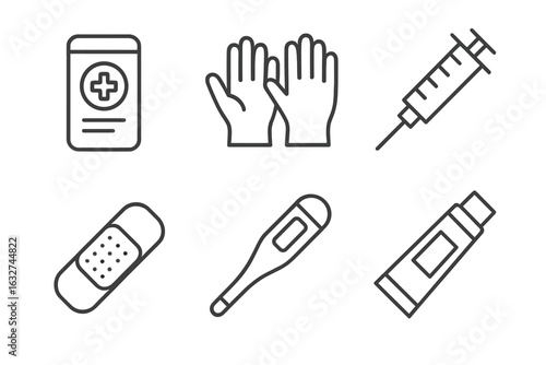 Medical supplies icons: syringe, gloves, bandage, thermometer, tube, medicine