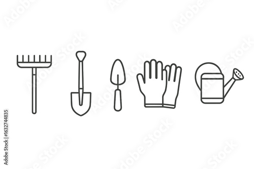 Line art of gardening tools: rake, shovel, trowel, gloves, watering can
