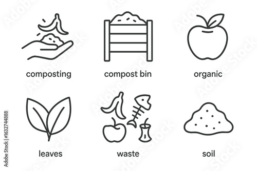 Composting icons set: compost bin, organic waste, leaves, soil, apple, banana