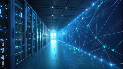 Dynamic server room with network connections glowing in blue light ideal for futuristic technology and AI concepts in data centers