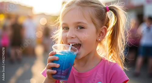 A child drinking from a colorful slushie