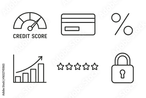 Credit score concepts: finance icons featuring card, lock, graph, rating, and percentage symbols