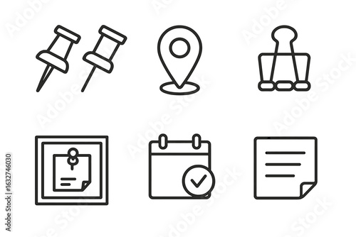 Set of six office icons: pushpins, location, binder clips, notice board, calendar, memo