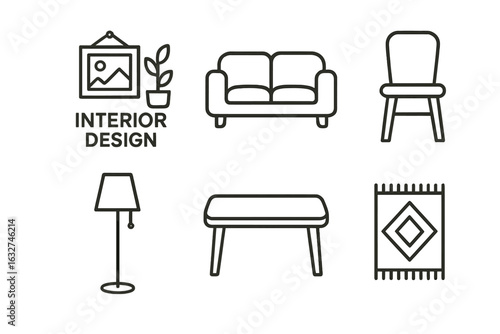 Minimalist interior design icons featuring sofa, chair, lamp, bench, rug, and wall art