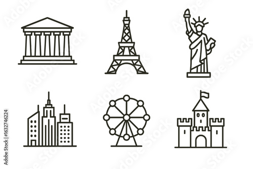 Iconic landmarks: parthenon, eiffel tower, statue of liberty, cityscape, ferris wheel, castle
