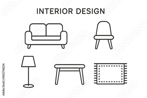 Minimalist interior design icons: sofa, chair, lamp, table, rug