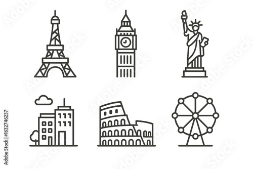 Landmark icon set: eiffel tower, big ben, statue of liberty, colosseum, ferris wheel, cityscape