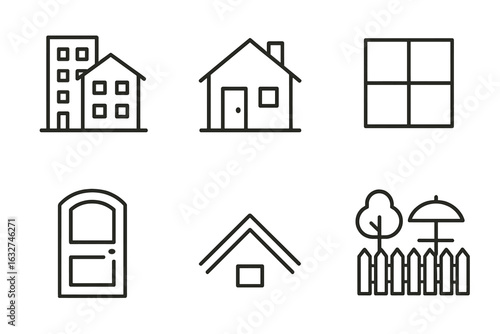 Simple black house icons set with building, house, window, door, roof, fence and tree