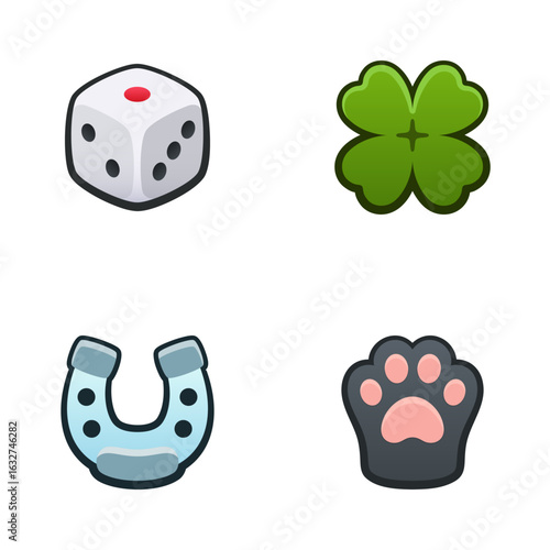 Luck icon set. Isolated vector illustration of mobile game sprites. Design for stickers, logo, mobile app. Arcade or match 3 2d graphics game asset. Flat 3d item sprites sheet.