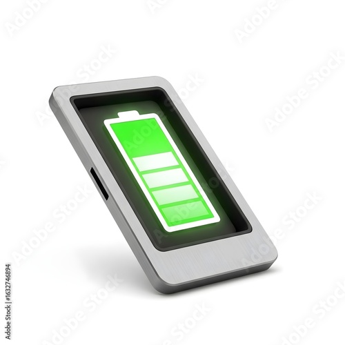 3D Mobile Device with Glowing Full Green Battery Icon on Screen