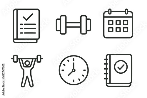 Fitness planner icons: dumbbell, calendar, weightlifting, clock, journal