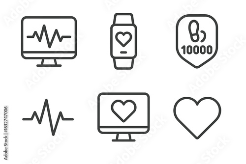 Health and fitness icons featuring heart rate monitor and step counter symbols