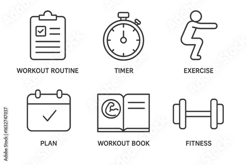 Workout routine icons: timer, exercise, plan, fitness tools, training symbols