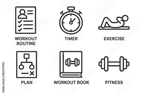 Fitness icon set with workout routine, timer, exercise, plan, workout book, and dumbbells
