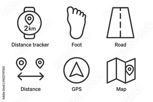 Distance tracking icons: gps, map, foot, and road symbols