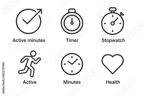 Fitness and time tracking icons: active minutes, timer, stopwatch, health symbols