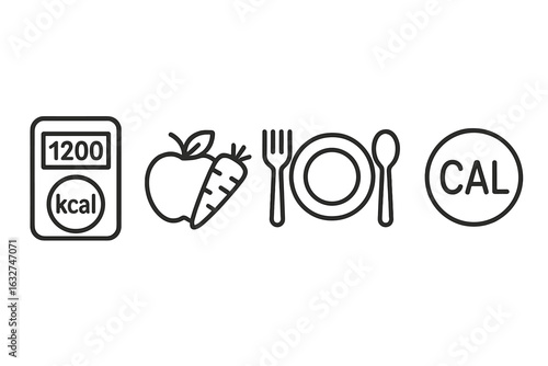Nutrition icons: calorie counter, healthy food, dining symbols, cal