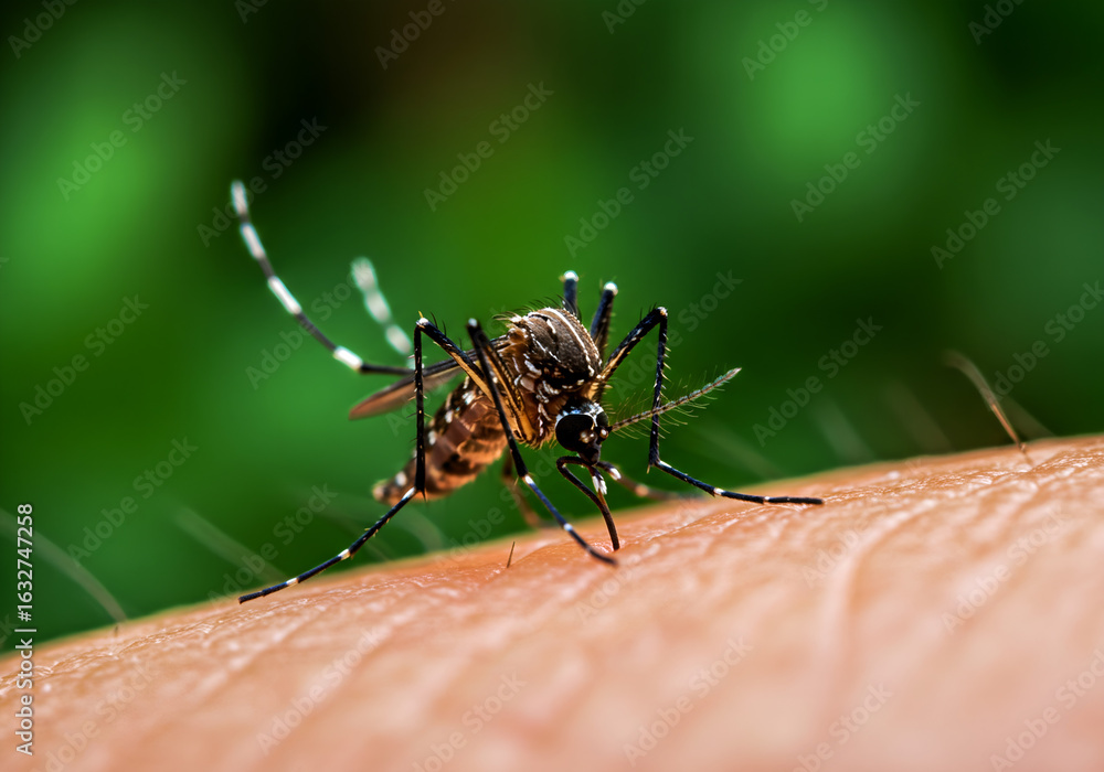 Fototapeta premium Close-Up of Aedes Mosquito Biting Human Skin with Green Natural Background