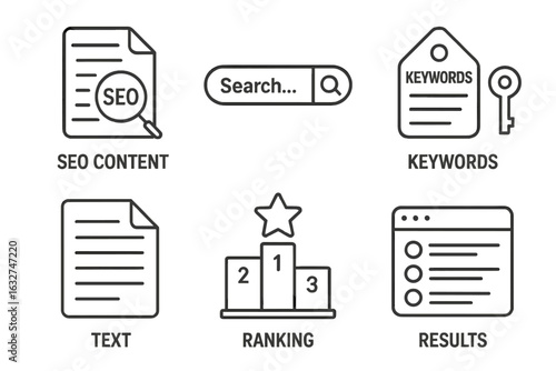 Seo content and keyword strategy icons for effective online ranking