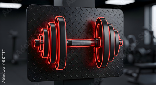 Fitness Motivation Symbol Red Neon Barbell Glow On The Gym Equipment Black Metal