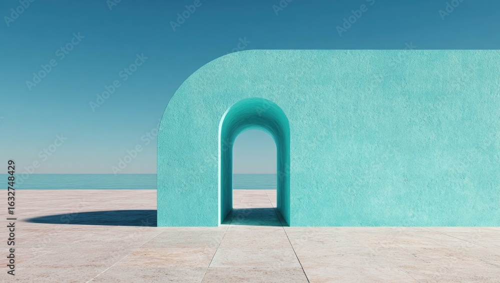 Naklejka premium Teal archway on a light beige platform, overlooking a placid ocean