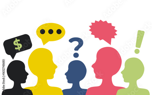 Colorful heads and speech bubbles, exclamation mark, question mark, thoughts, dollar sign, people, opinions
