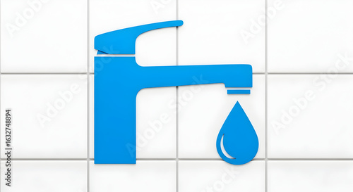 Fresh Faucet Design With Water Drop on White Tile Background Illustration