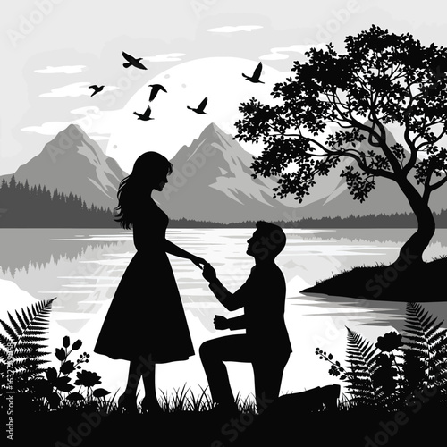 Vector art of silhouette of a man proposing to a woman by a lake with mountains and birds in the background
