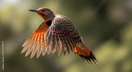 Wallpaper Mural Close-up of a Northern Flicker woodpecker in flight, showcasing vibrant orange wing feathers and intricate plumage detail against a soft green bokeh background. Torontodigital.ca