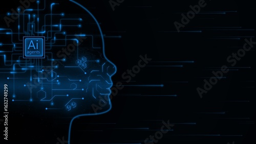 Blue A I Head Silhouette with Circuitry and Data Streams