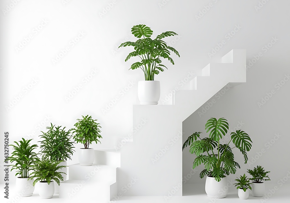 Fototapeta premium Modern interior design featuring lush green houseplants arranged on minimalist white stairs and floor