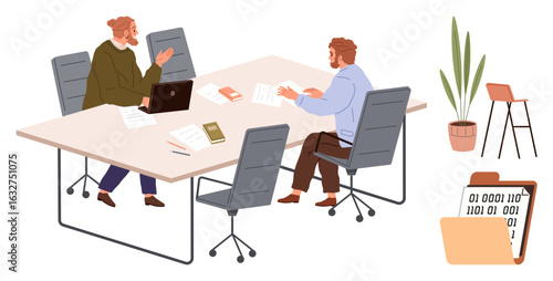 Two colleagues collaborating at a table with papers, a laptop, and a digital folder. Nearby are a chair, potted plant, and a binary data file. Ideal for teamwork, analysis, tech communication