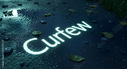 Glows Under Shadow Curfew Concept Illuminated Text On Wet Asphalt Road