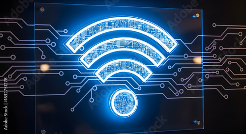 Glowing Wifi Symbol On Transparent Glass With Circuit Board Aesthetics Background