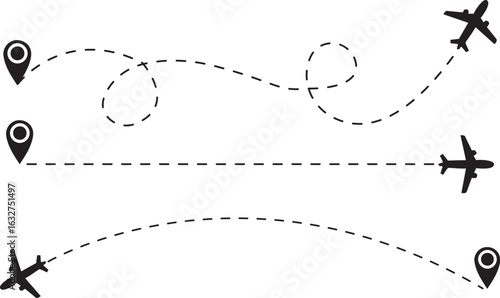 Airplane Flight Paths with Location Markers and Route Variations