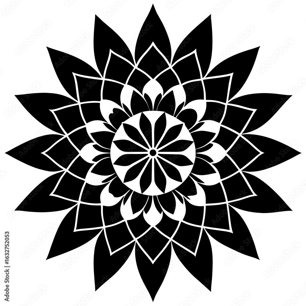 Obraz premium Vector art of intricate black and white geometric mandala flower pattern, isolated on white background, symbolizing symmetry, spirituality, and artistic design