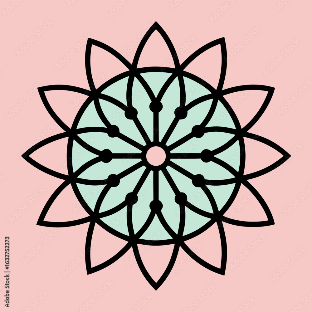 Fototapeta premium Vector art of minimalist geometric flower design with clean lines and a pastel blue center on a soft pink background, symbolizing nature, growth, and modern beauty