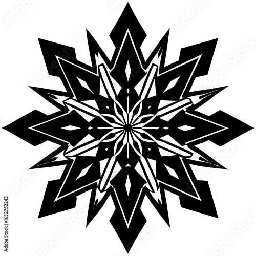 Vector art of black and white geometric snowflake star pattern, featuring a symmetrical radial design with sharp pointed elements and intricate details, perfect for winter and holiday decoration
