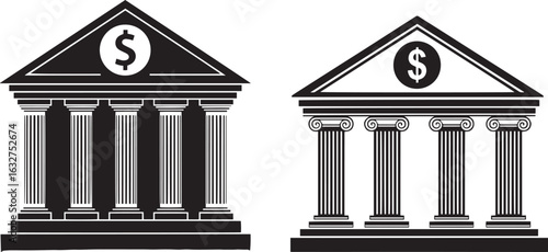 Vector art of classic bank building with columns and dollar sign isolated on white background