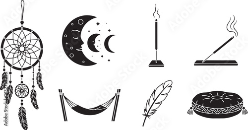 Vector art of bohemian mystic symbols including dreamcatcher, moon phases, incense, feather, hammock, cushion