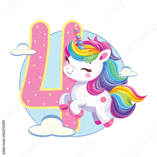 Cute unicorn with pink number 4 isolated on white background. Happy Birthday concept. Vector illustration in flat cartoon style